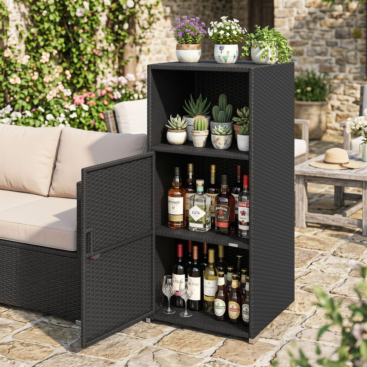 Outdoor PE Wicker Storage Cabinet with Door and Open Compartment for Patio-Black view 8