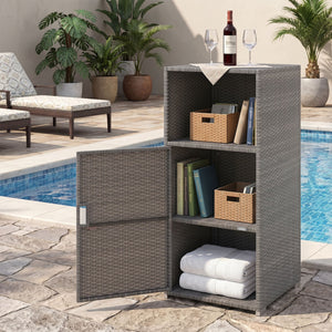Outdoor PE Wicker Storage Cabinet with Door and Open Compartment for Patio-Gray view 2
