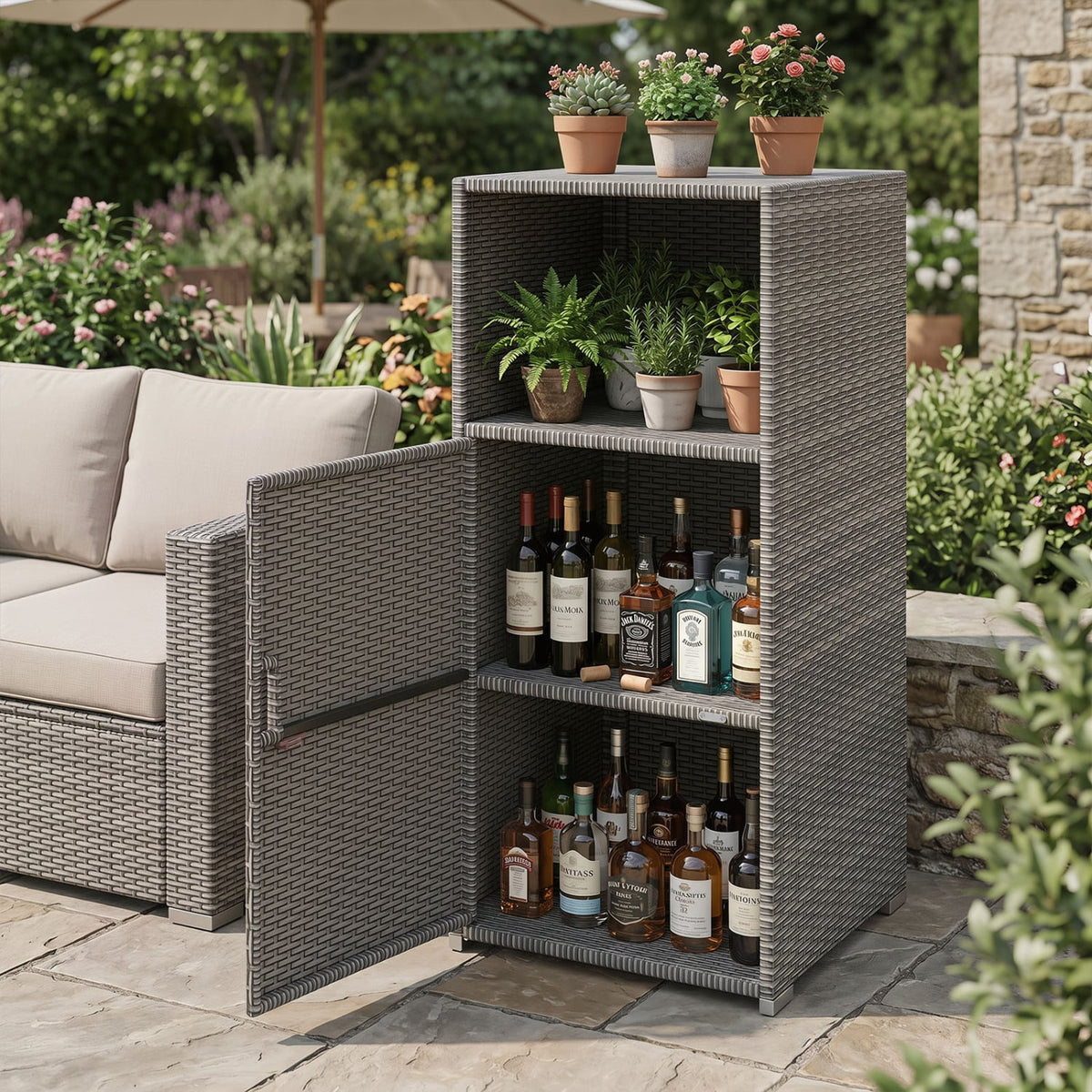 Outdoor PE Wicker Storage Cabinet with Door and Open Compartment for Patio-Gray view 8