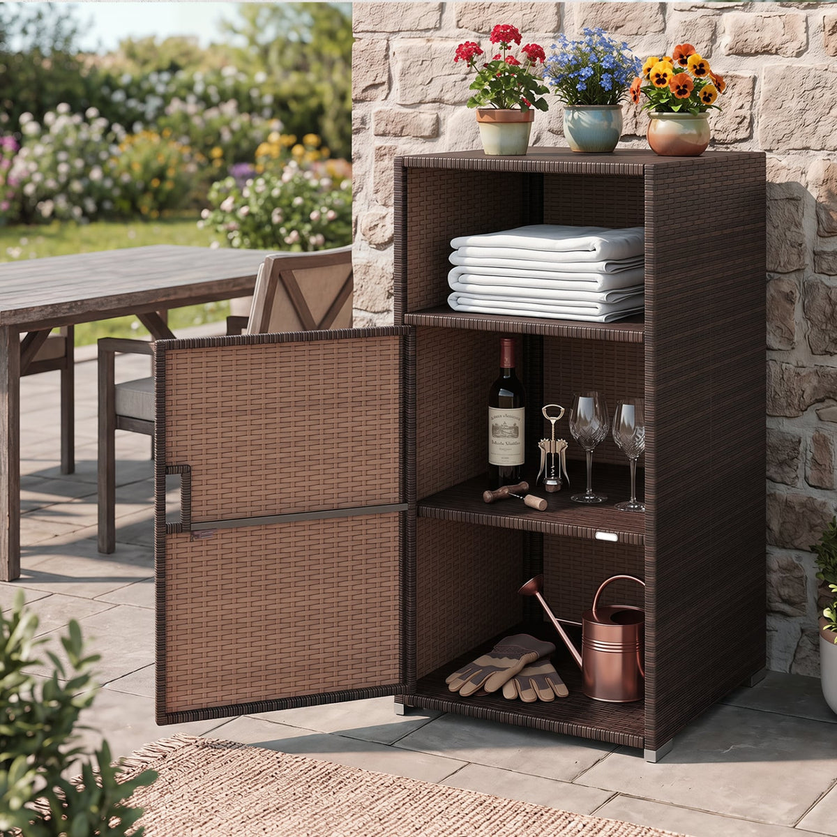 Outdoor PE Wicker Storage Cabinet with Door and Open Compartment for Patio-Brown view 7