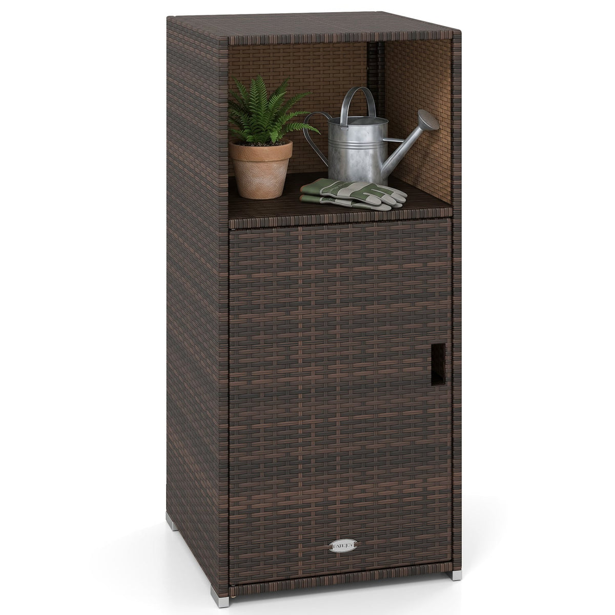 Outdoor PE Wicker Storage Cabinet with Door and Open Compartment for Patio-Brown view 9