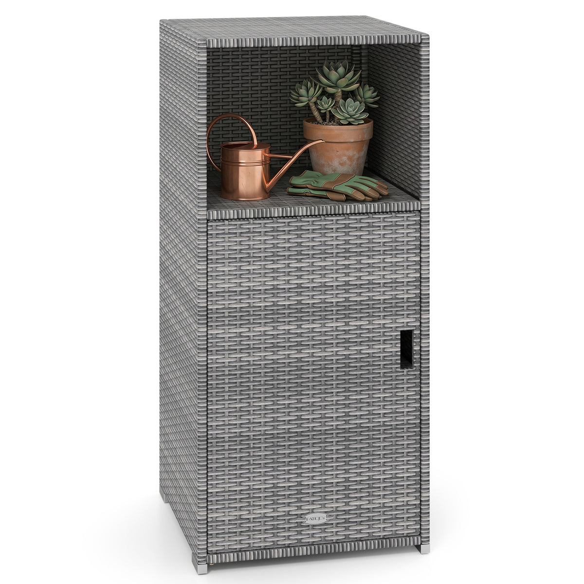 Outdoor PE Wicker Storage Cabinet with Door and Open Compartment for Patio-Gray view 4