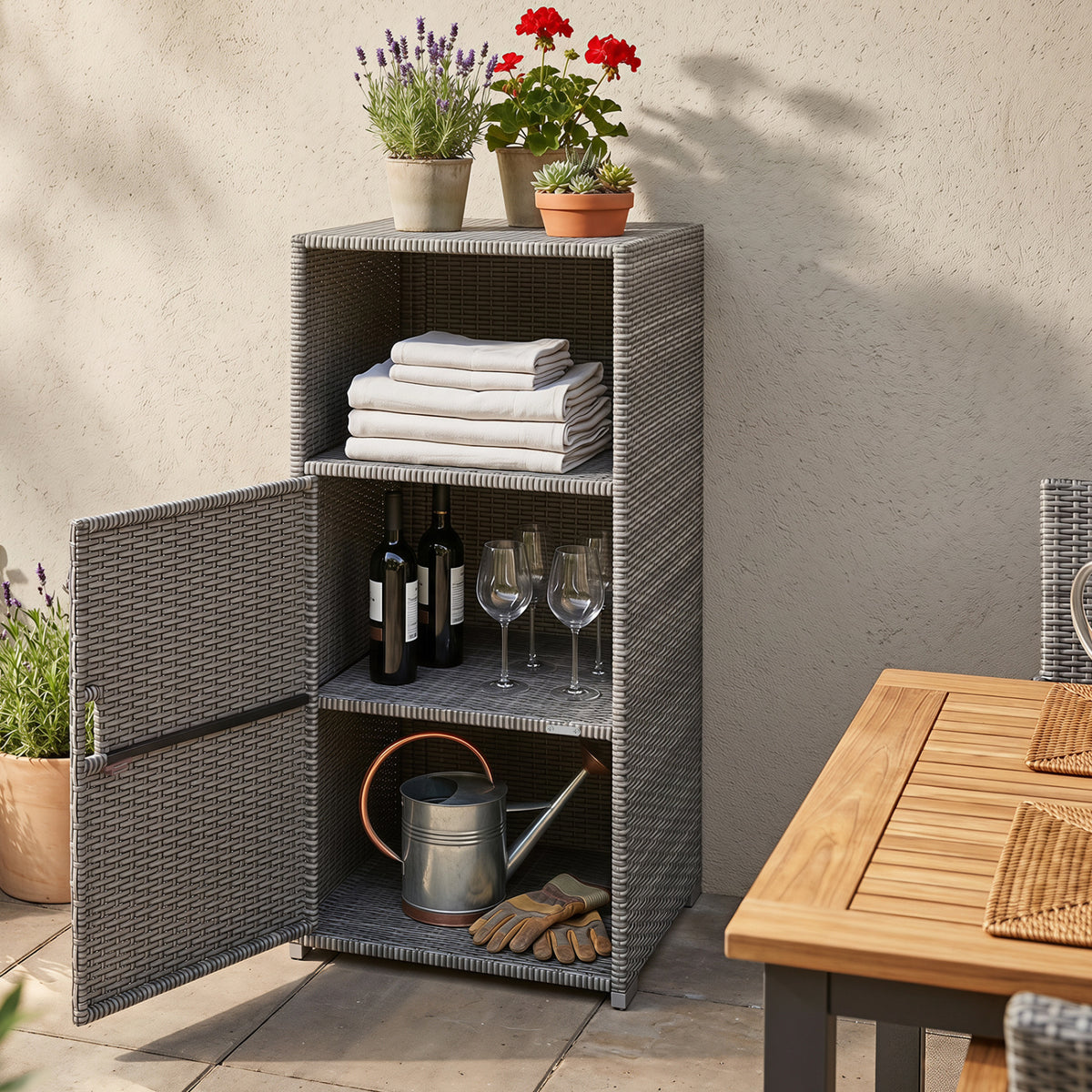 Outdoor PE Wicker Storage Cabinet with Door and Open Compartment for Patio-Gray view 7