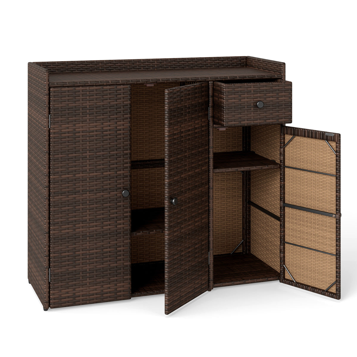 Outdoor PE Wicker Storage Cabinet with 3 Doors and Adjustable Shelves and Drawer-Brown view 4