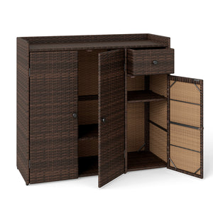 Outdoor PE Wicker Storage Cabinet with 3 Doors and Adjustable Shelves and Drawer-Brown view 4