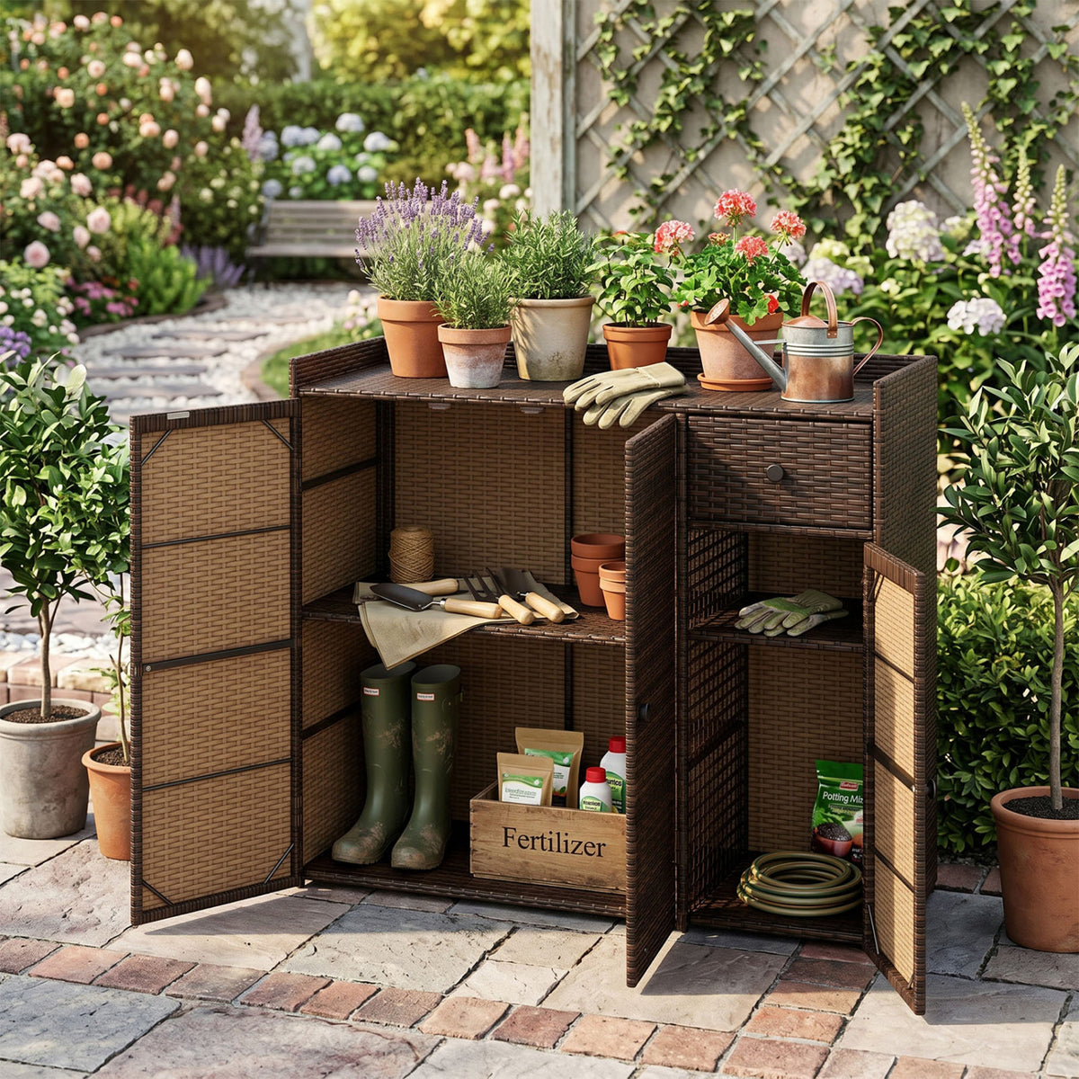 Outdoor PE Wicker Storage Cabinet with 3 Doors and Adjustable Shelves and Drawer-Brown view 2