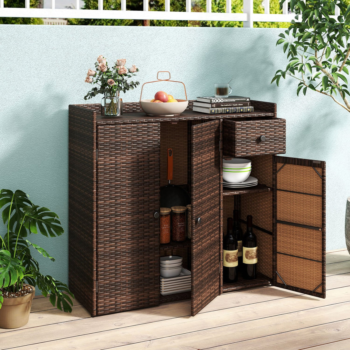 Outdoor PE Wicker Storage Cabinet with 3 Doors and Adjustable Shelves and Drawer-Brown view 3