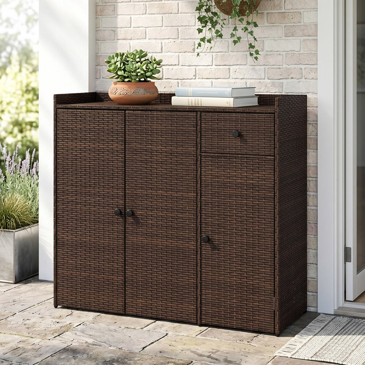 Outdoor PE Wicker Storage Cabinet with 3 Doors and Adjustable Shelves and Drawer-Brown view 6