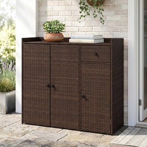 Outdoor PE Wicker Storage Cabinet with 3 Doors and Adjustable Shelves and Drawer-Brown view 6