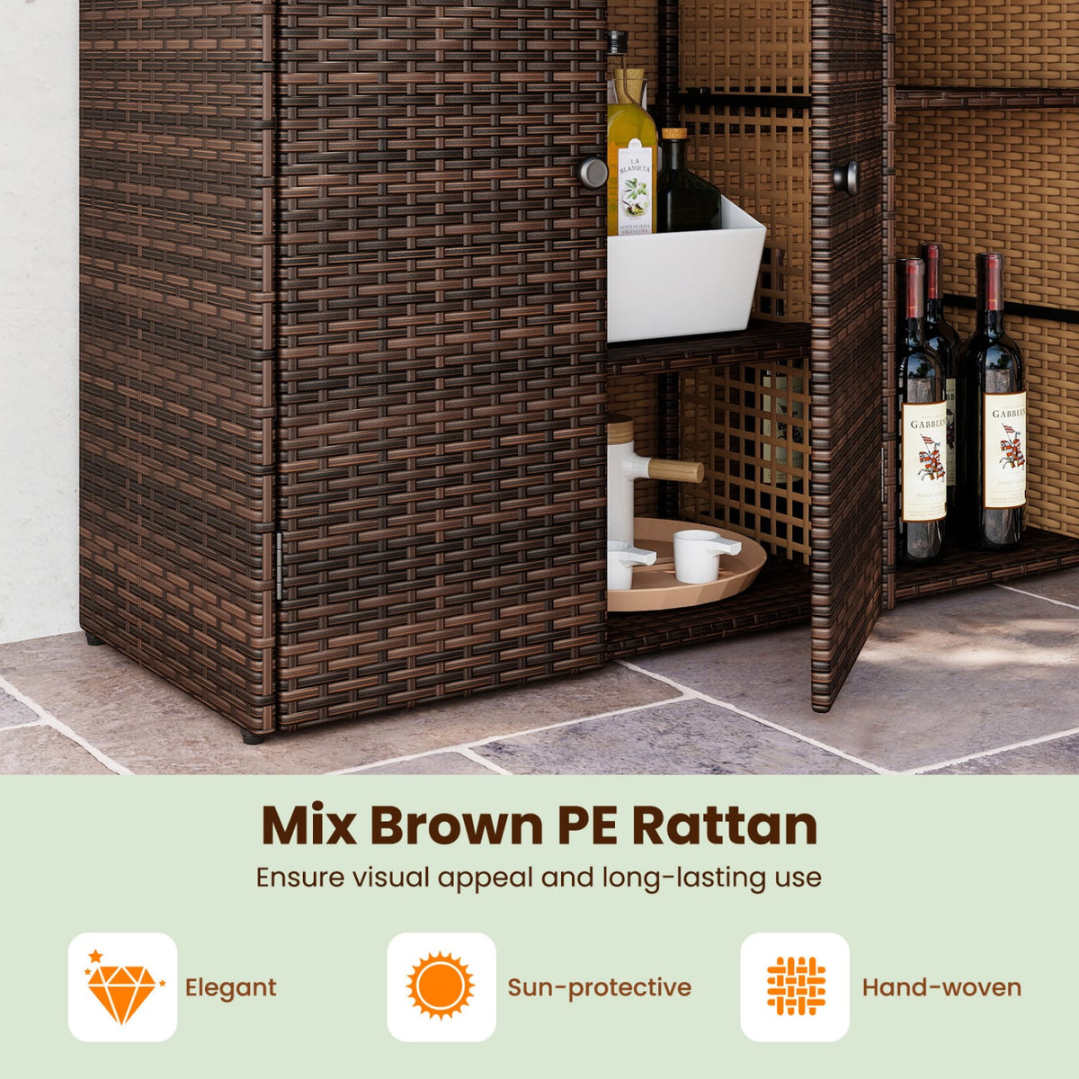 Outdoor PE Wicker Storage Cabinet with 3 Doors and Adjustable Shelves and Drawer-Brown view 7