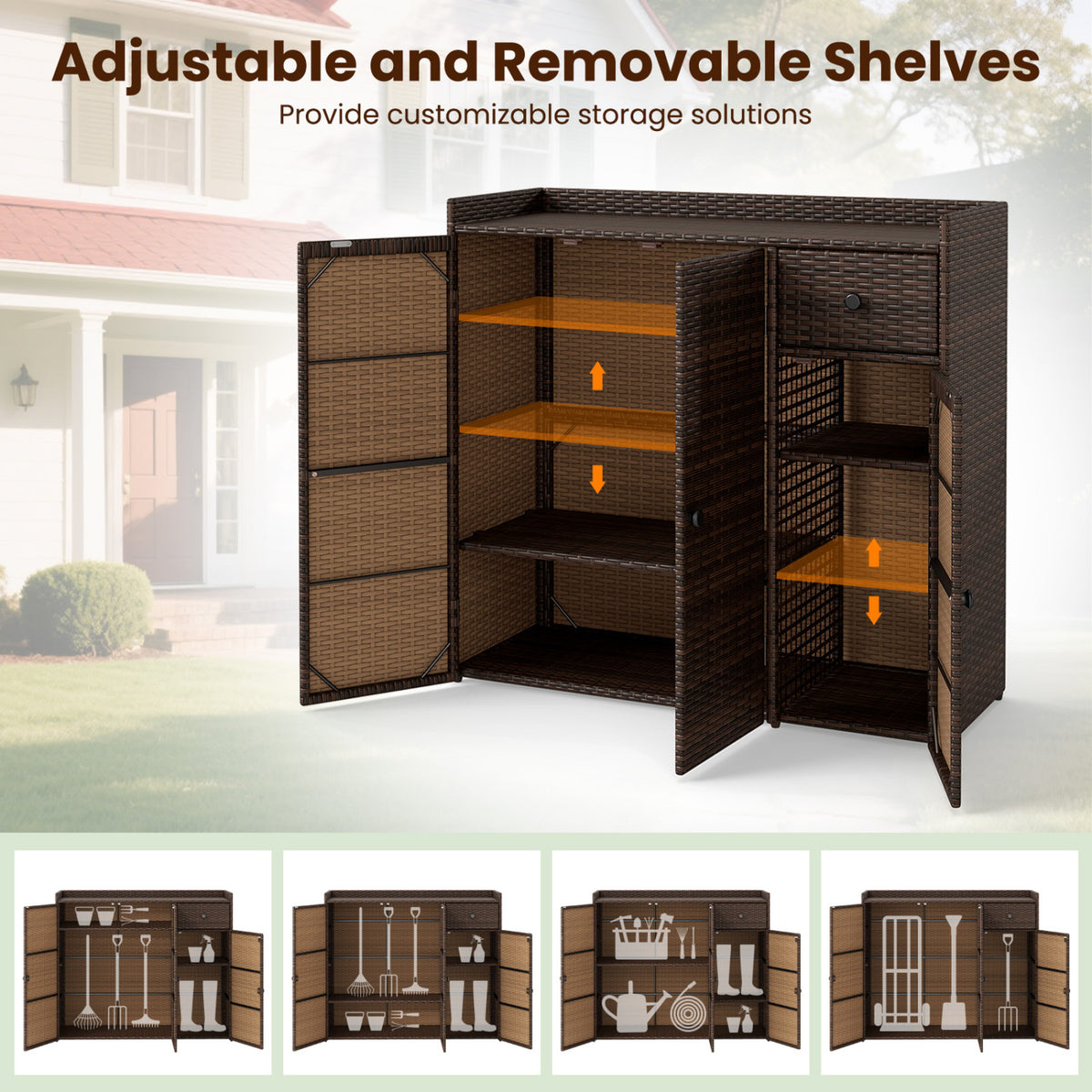 Outdoor PE Wicker Storage Cabinet with 3 Doors and Adjustable Shelves and Drawer-Brown view 8