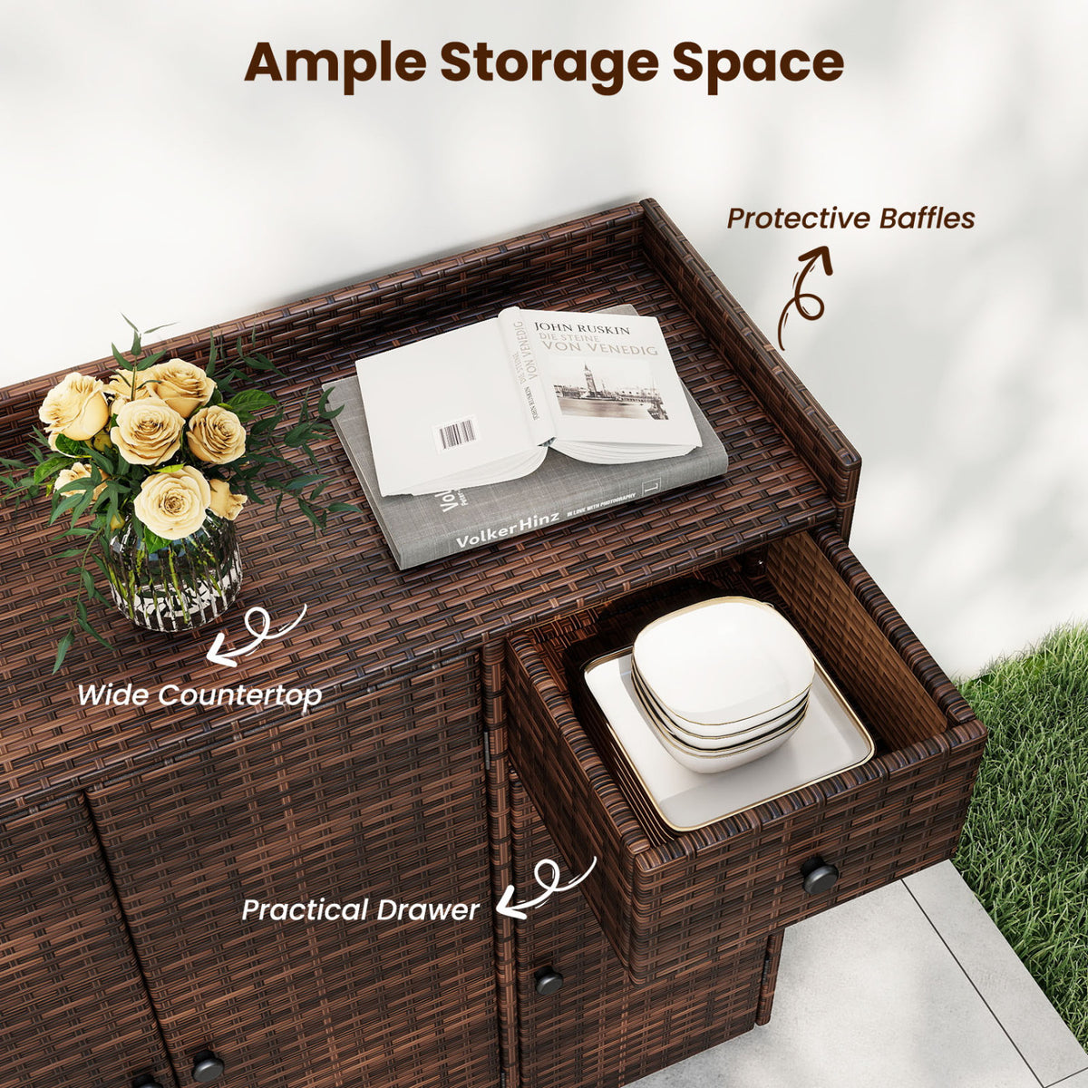 Outdoor PE Wicker Storage Cabinet with 3 Doors and Adjustable Shelves and Drawer-Brown view 9