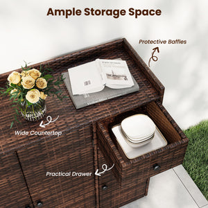 Outdoor PE Wicker Storage Cabinet with 3 Doors and Adjustable Shelves and Drawer-Brown view 9