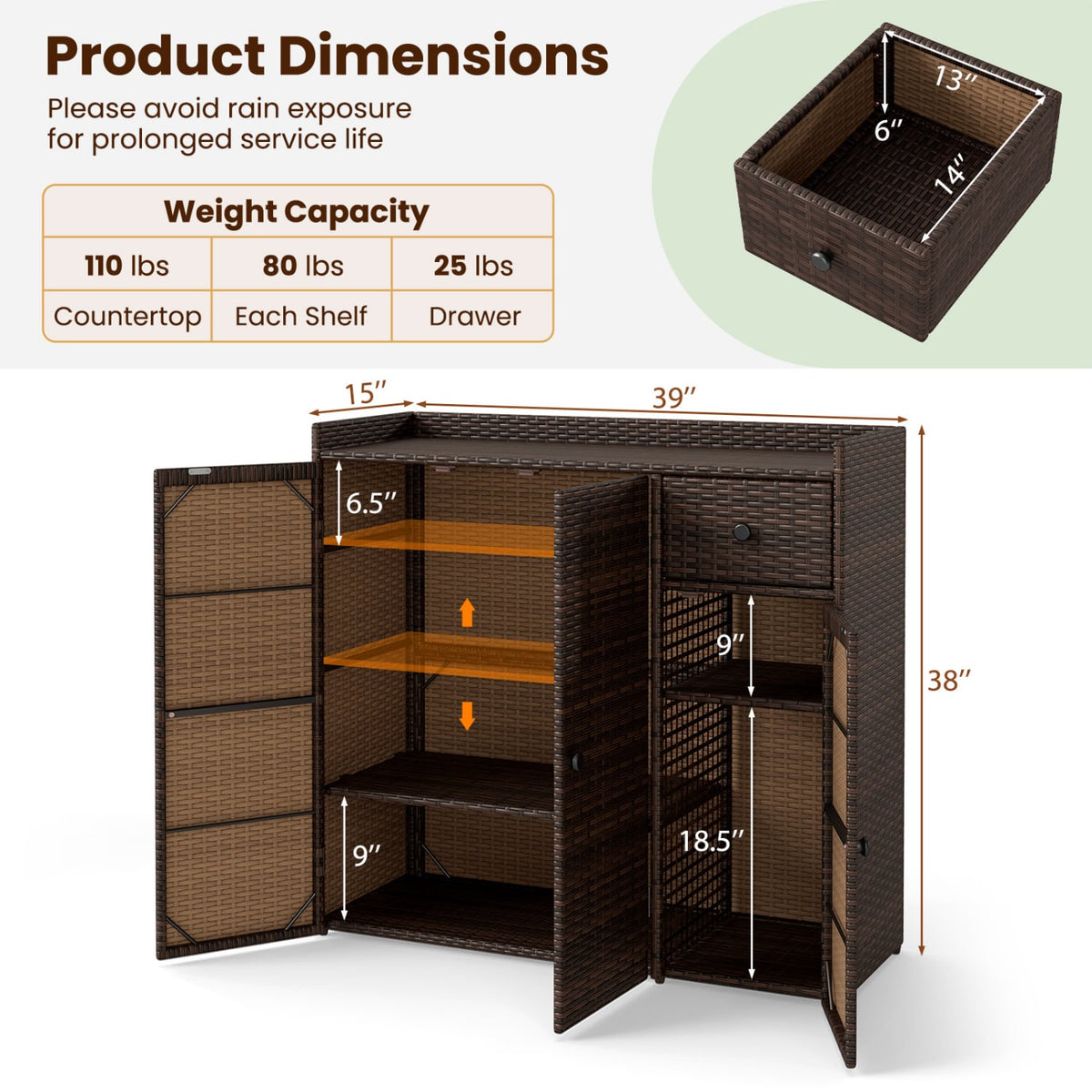 Outdoor PE Wicker Storage Cabinet with 3 Doors and Adjustable Shelves and Drawer-Brown view 5