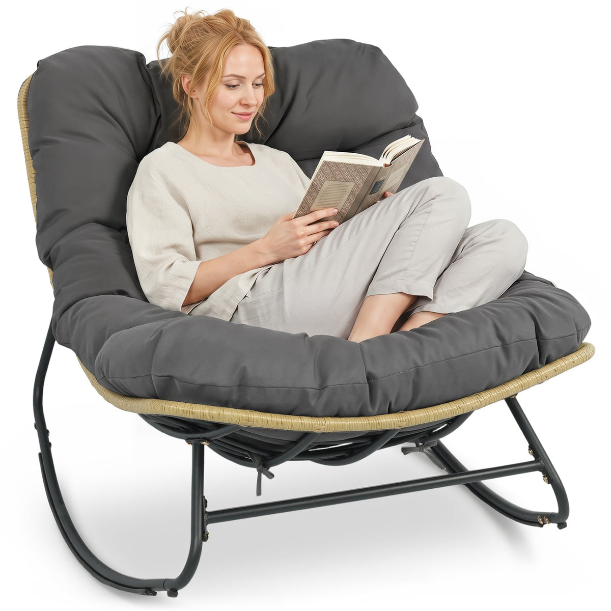 Outdoor Papasan Rocking Chair with Thick Cushioned Seat for Patio-Gray view 4