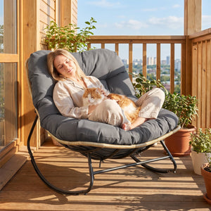 Outdoor Papasan Rocking Chair with Thick Cushioned Seat for Patio-Gray view 3
