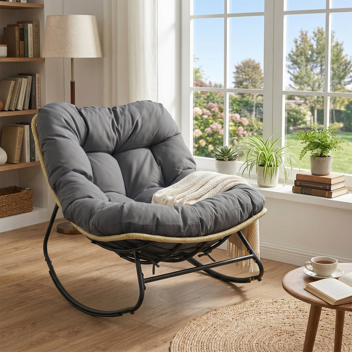 Outdoor Papasan Rocking Chair with Thick Cushioned Seat for Patio-Gray view 6