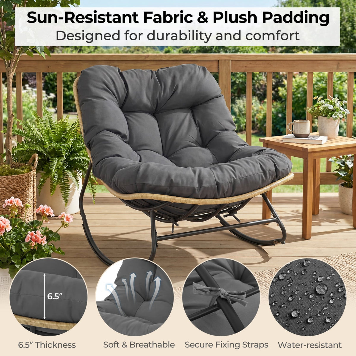 Outdoor Papasan Rocking Chair with Thick Cushioned Seat for Patio-Gray view 9