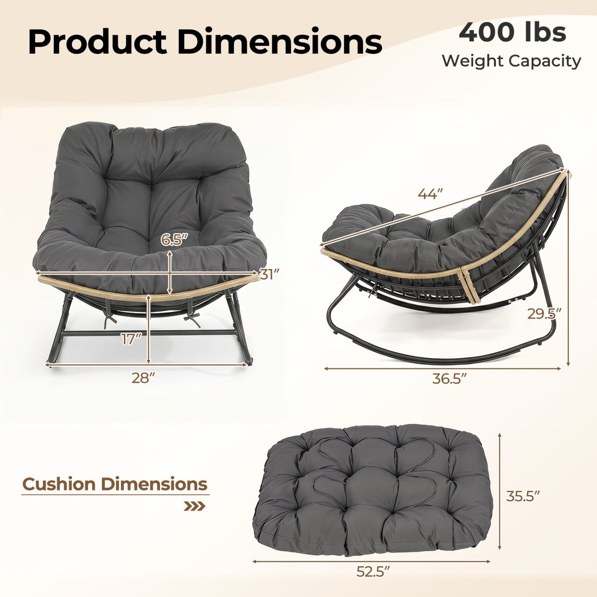 Outdoor Papasan Rocking Chair with Thick Cushioned Seat for Patio-Gray view 5