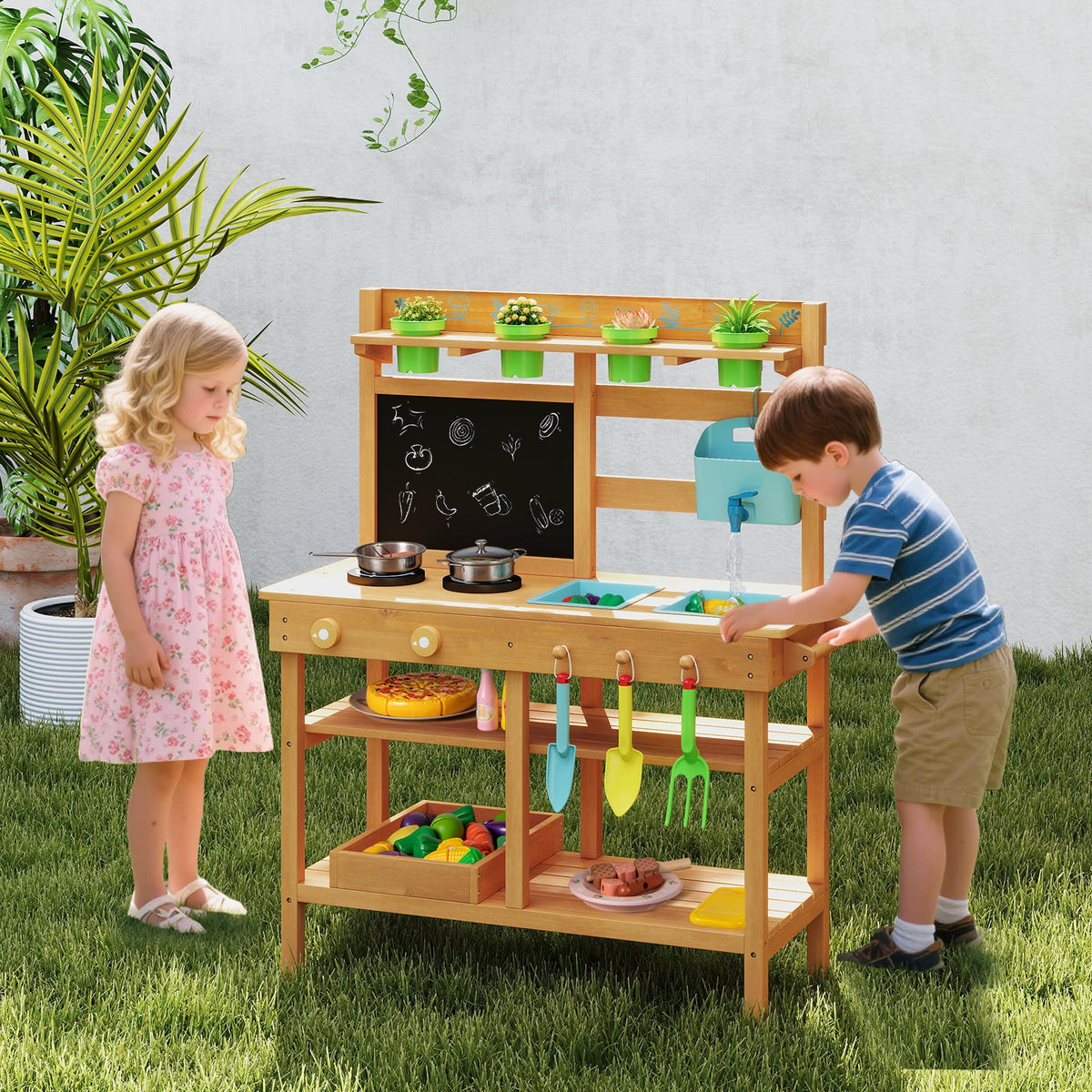 Outdoor Play Pretend Kitchen with Faucet and Removable Sinks for Children Aged 3+-Natural view 2