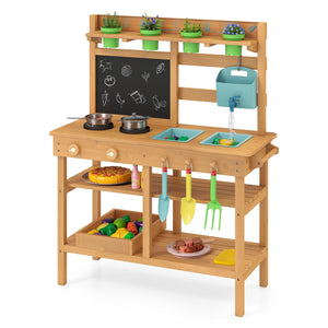 Outdoor Play Pretend Kitchen with Faucet and Removable Sinks for Children Aged 3+-Natural view 3