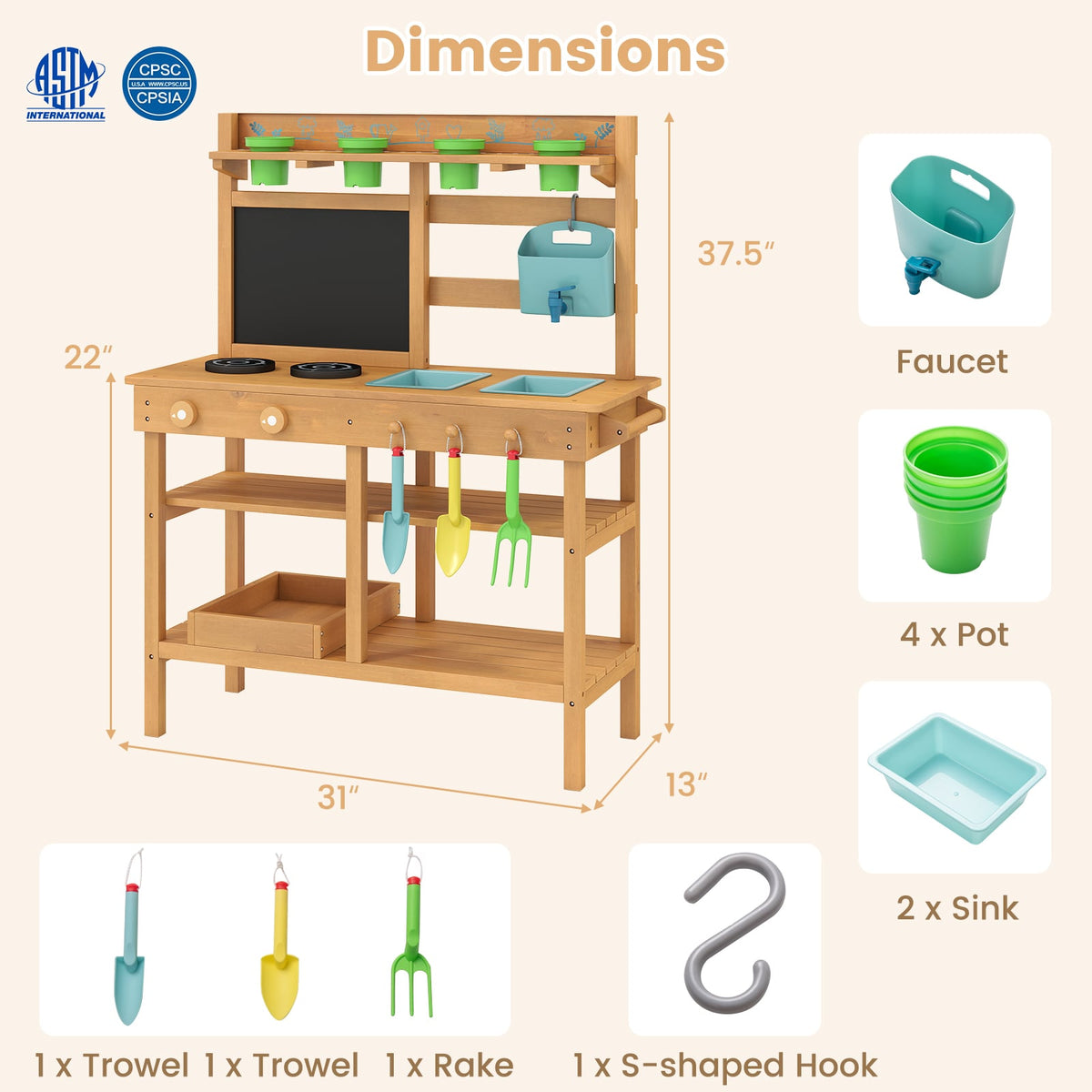 Outdoor Play Pretend Kitchen with Faucet and Removable Sinks for Children Aged 3+-Natural view 4