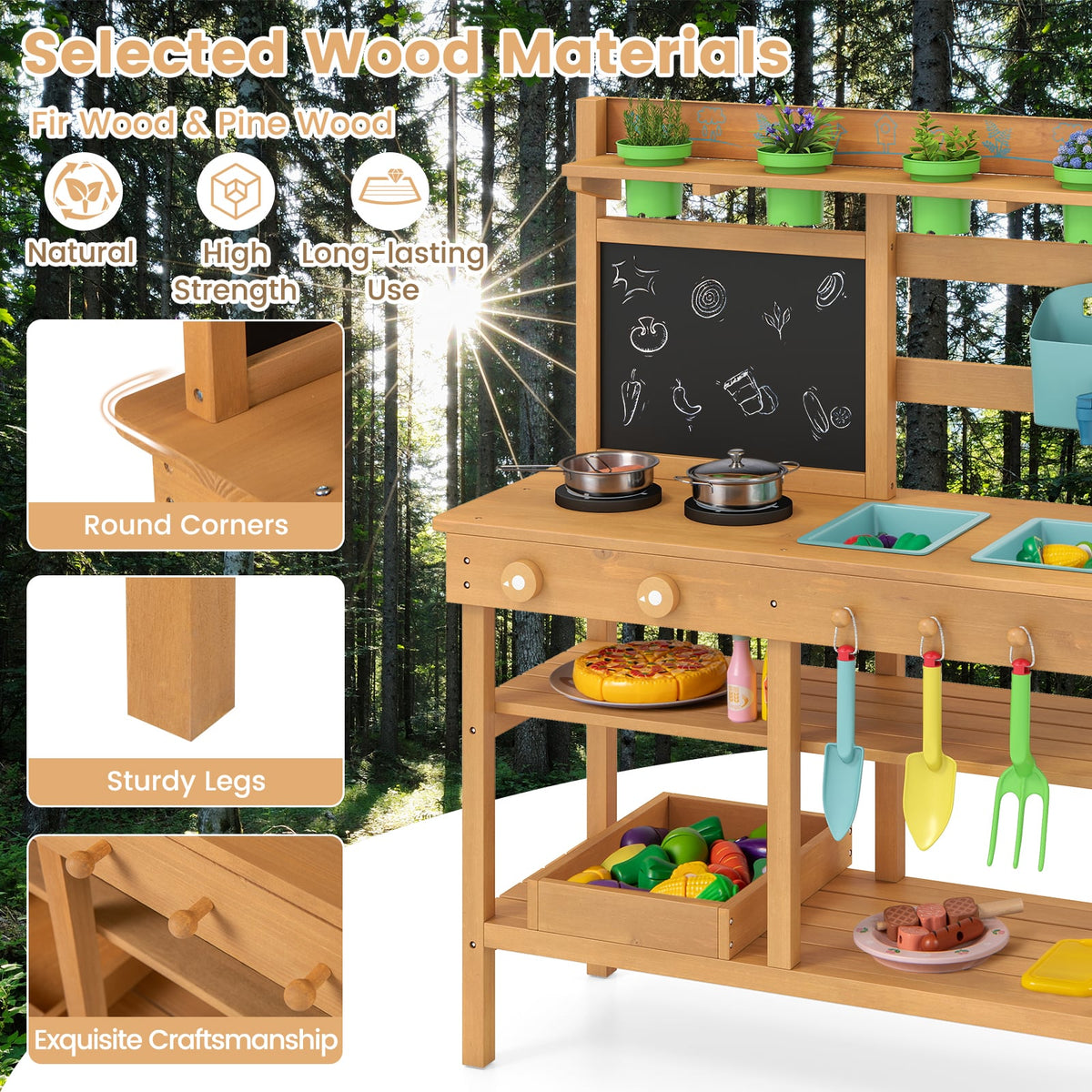 Outdoor Play Pretend Kitchen with Faucet and Removable Sinks for Children Aged 3+-Natural view 6