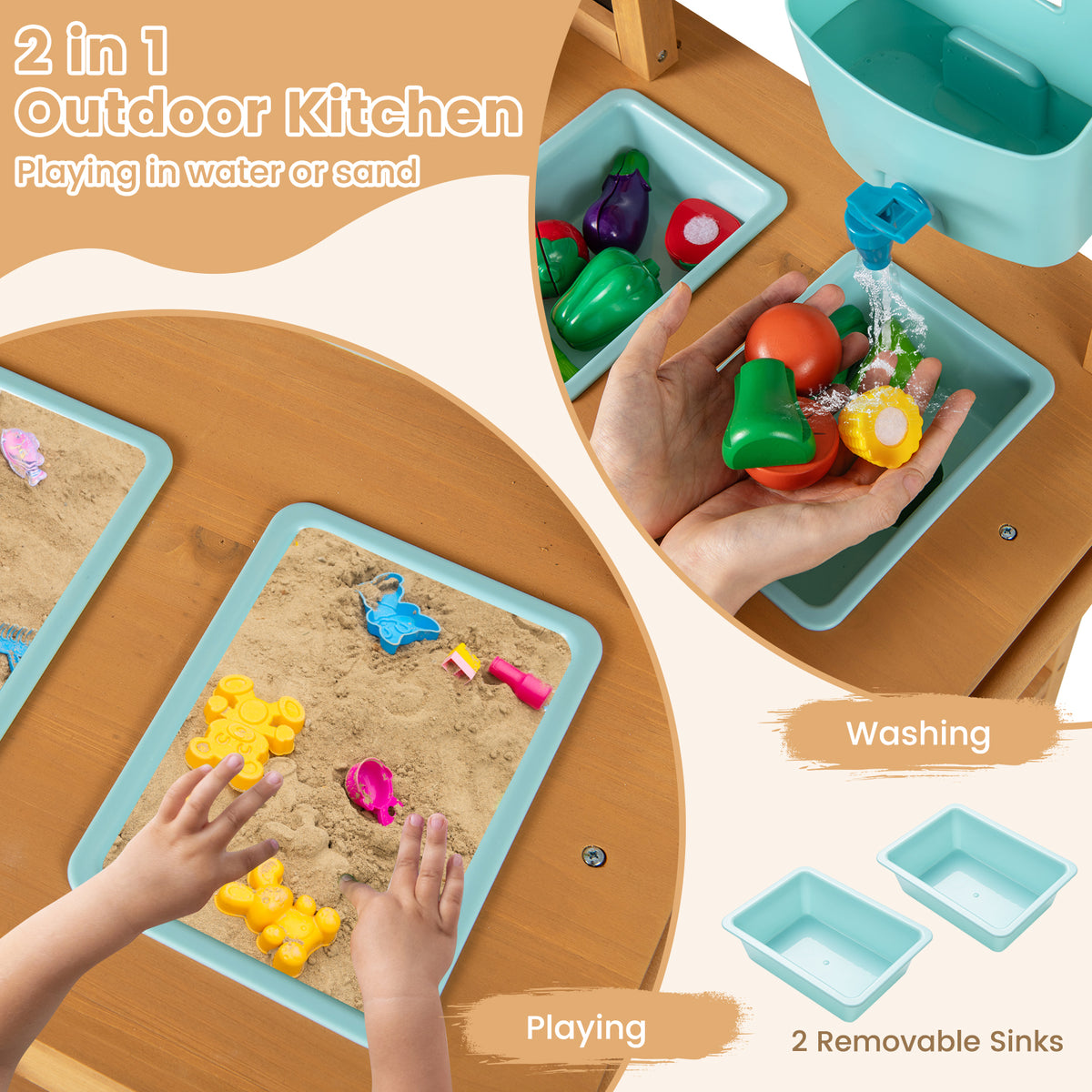 Outdoor Play Pretend Kitchen with Faucet and Removable Sinks for Children Aged 3+-Natural view 8