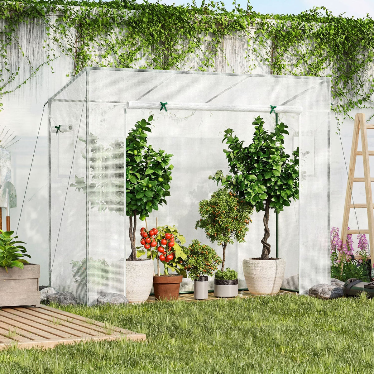 Outdoor Portable Walk-in Greenhouse with PE Cover Roll-up Zipper Door-White view 2