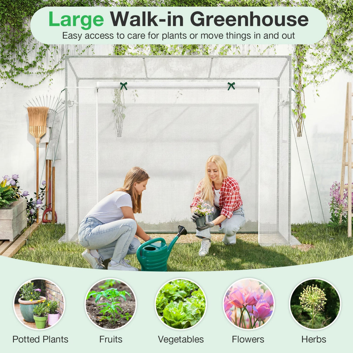 Outdoor Portable Walk-in Greenhouse with PE Cover Roll-up Zipper Door-White view 9