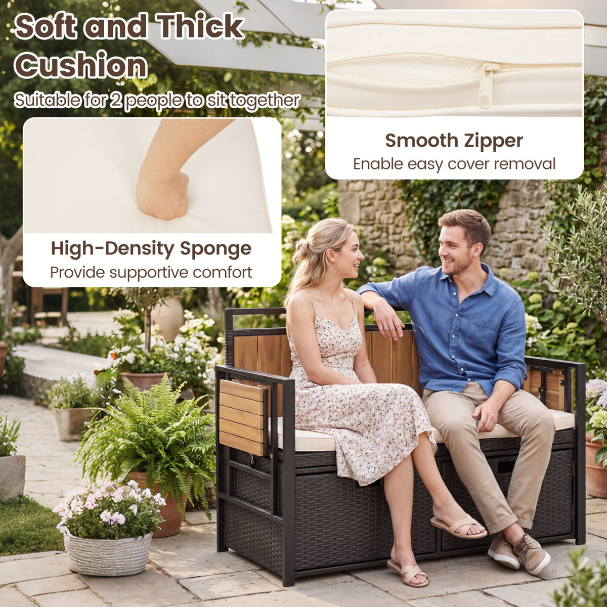 Outdoor Storage Bench with 2 Side Tables and 2-Seater Bench Seat view 7