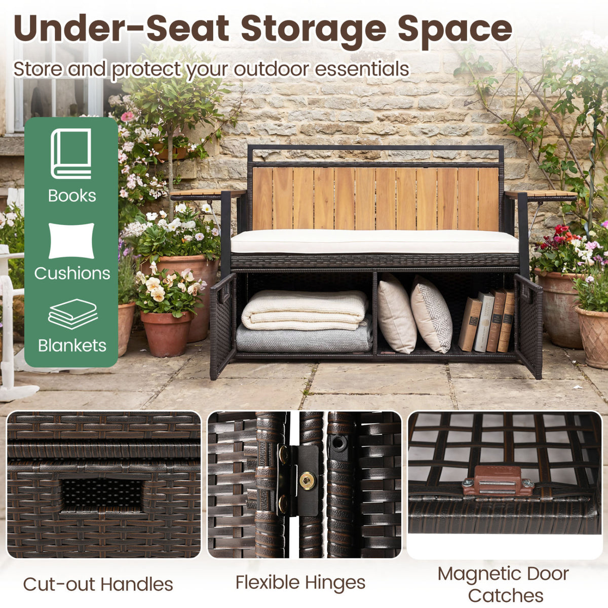 Outdoor Storage Bench with 2 Side Tables and 2-Seater Bench Seat view 5