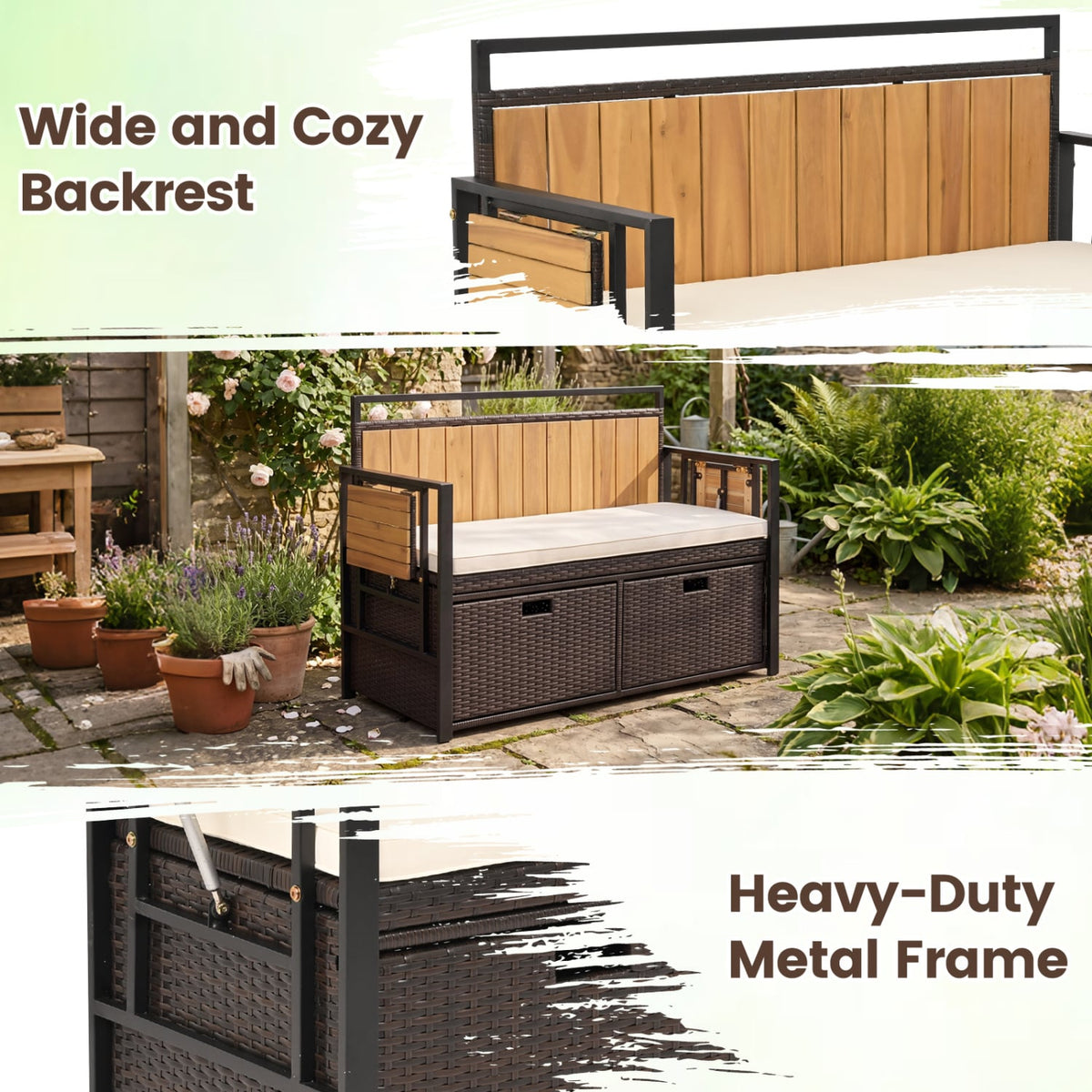 Outdoor Storage Bench with 2 Side Tables and 2-Seater Bench Seat view 9