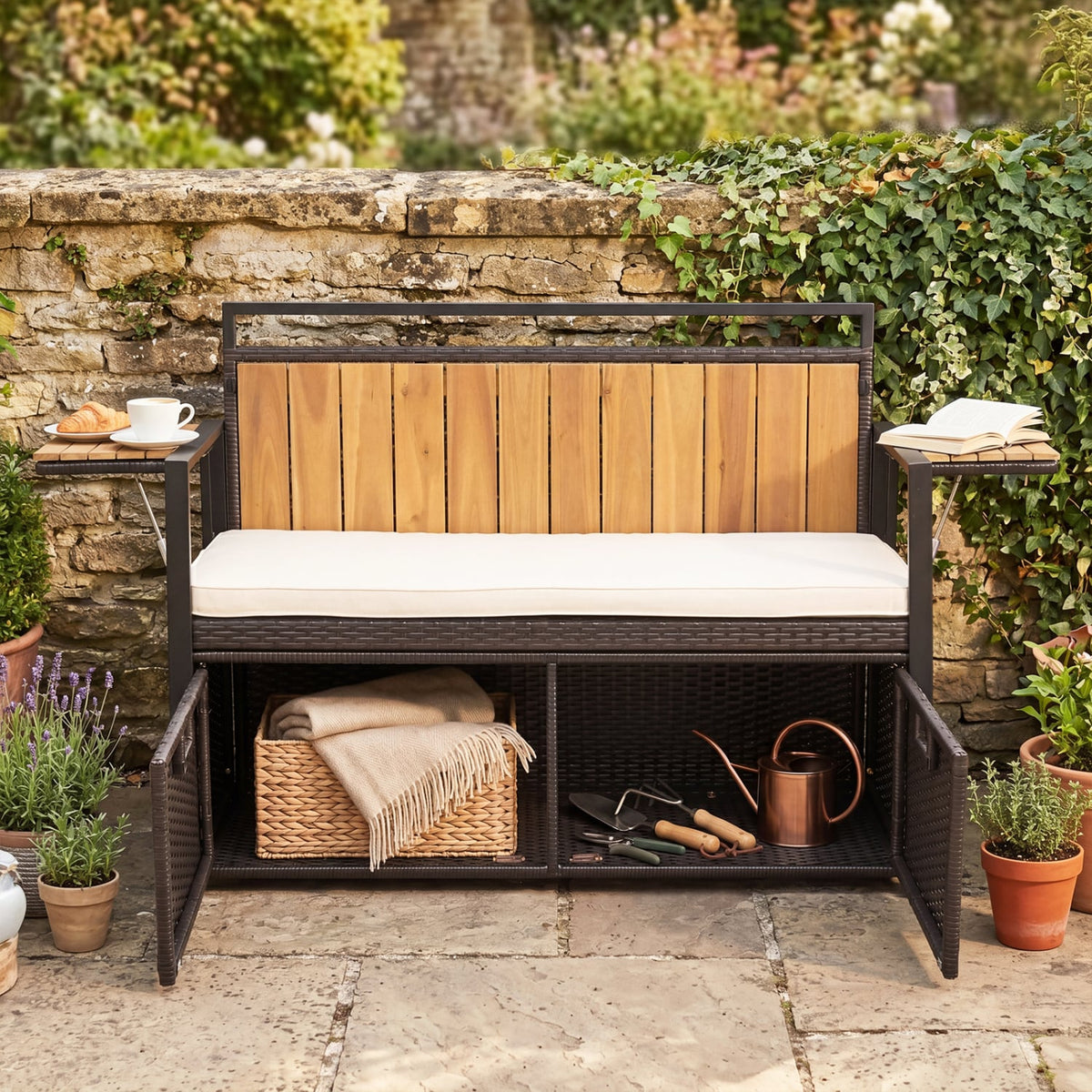 Outdoor Storage Bench with 2 Side Tables and 2-Seater Bench Seat view 3