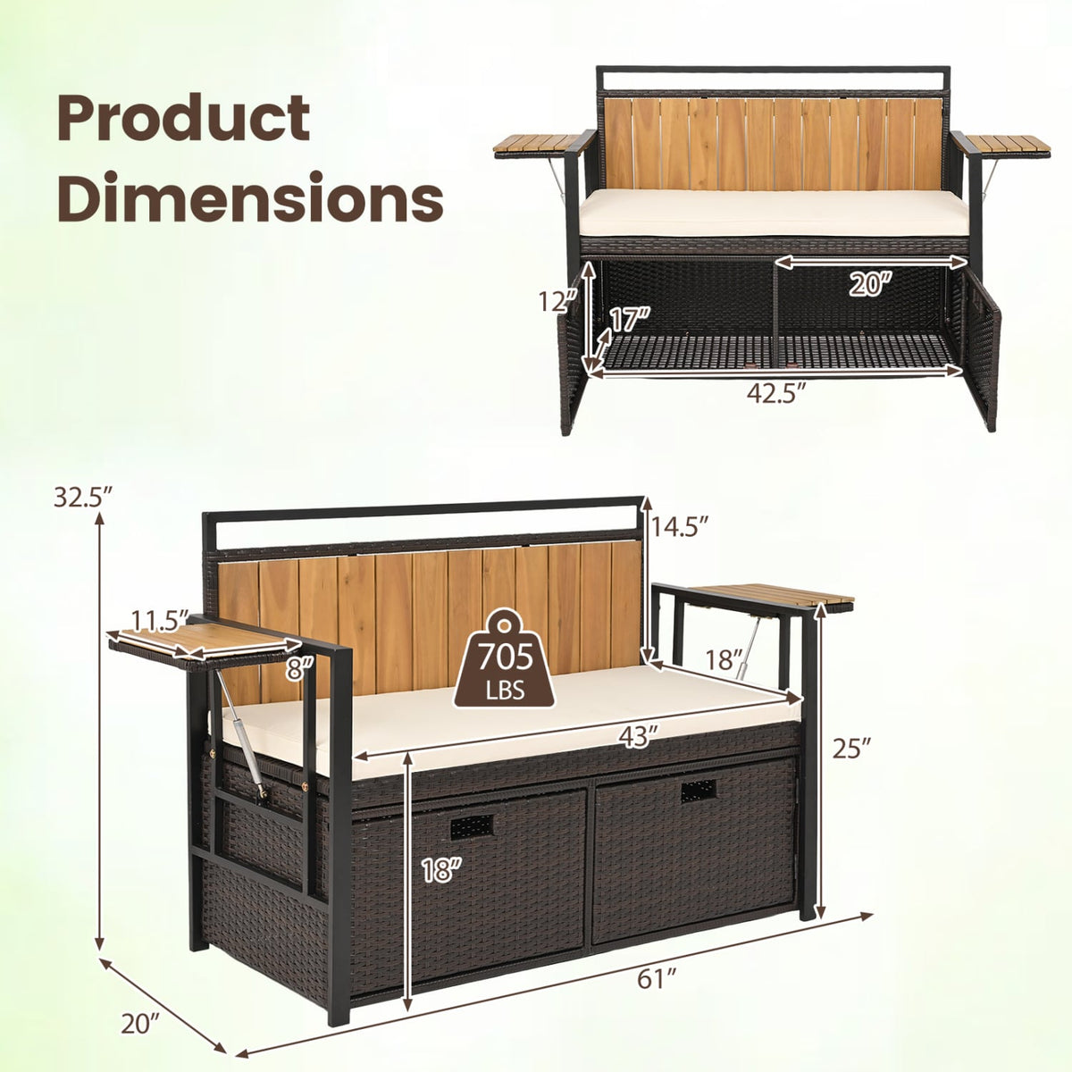 Outdoor Storage Bench with 2 Side Tables and 2-Seater Bench Seat view 4