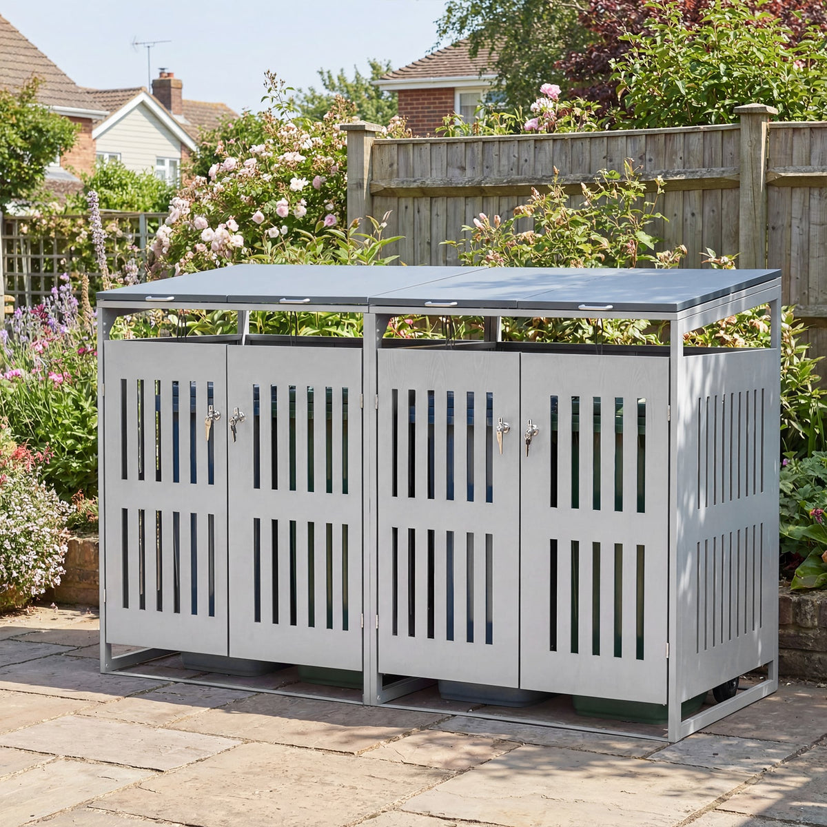Outdoor Trash Can Storage Shed for 2 Bins with Gas Struts-Silver view 2