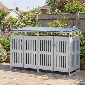 Outdoor Trash Can Storage Shed for 2 Bins with Gas Struts-Silver view 2