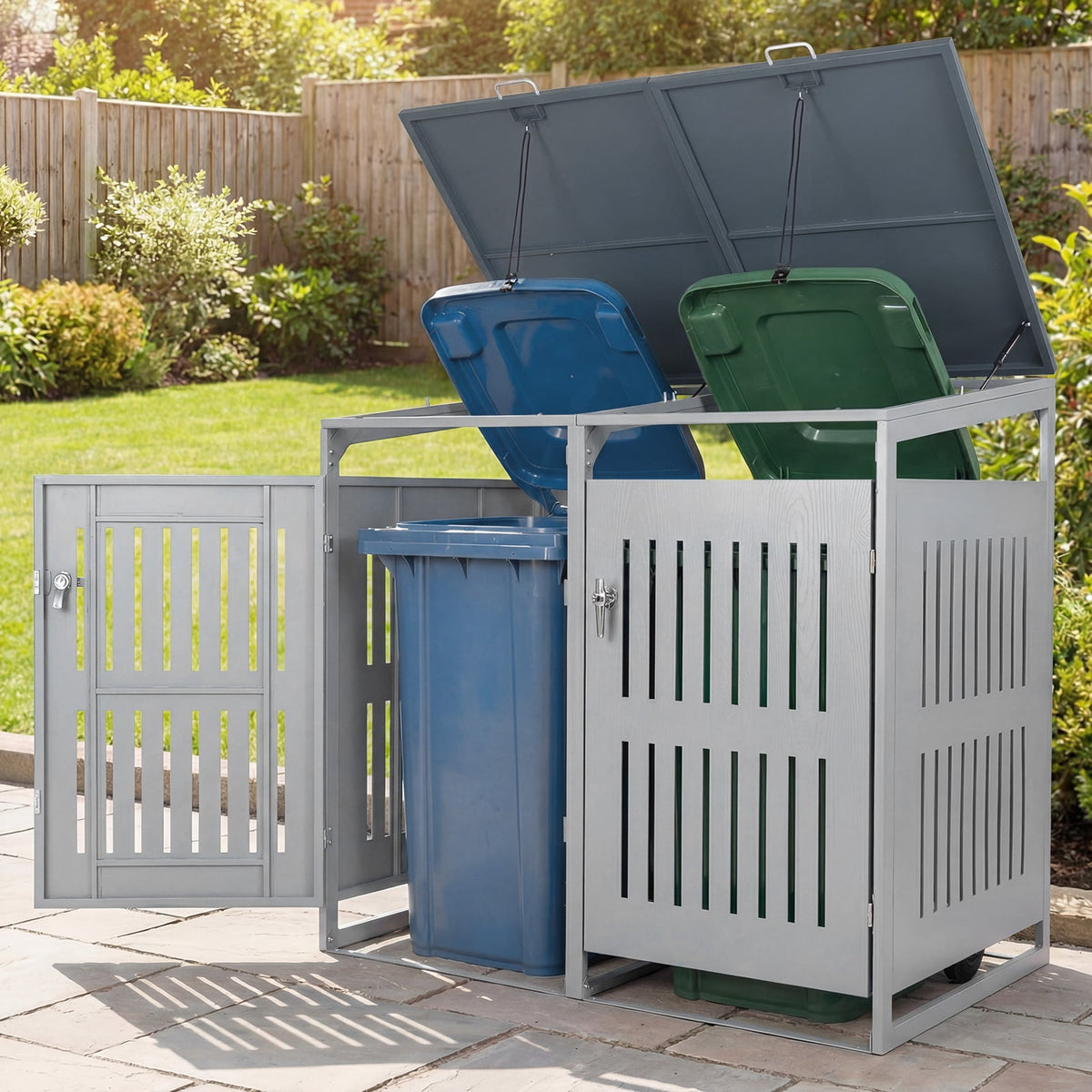 Outdoor Trash Can Storage Shed for 2 Bins with Gas Struts-Silver view 3