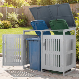 Outdoor Trash Can Storage Shed for 2 Bins with Gas Struts-Silver view 3