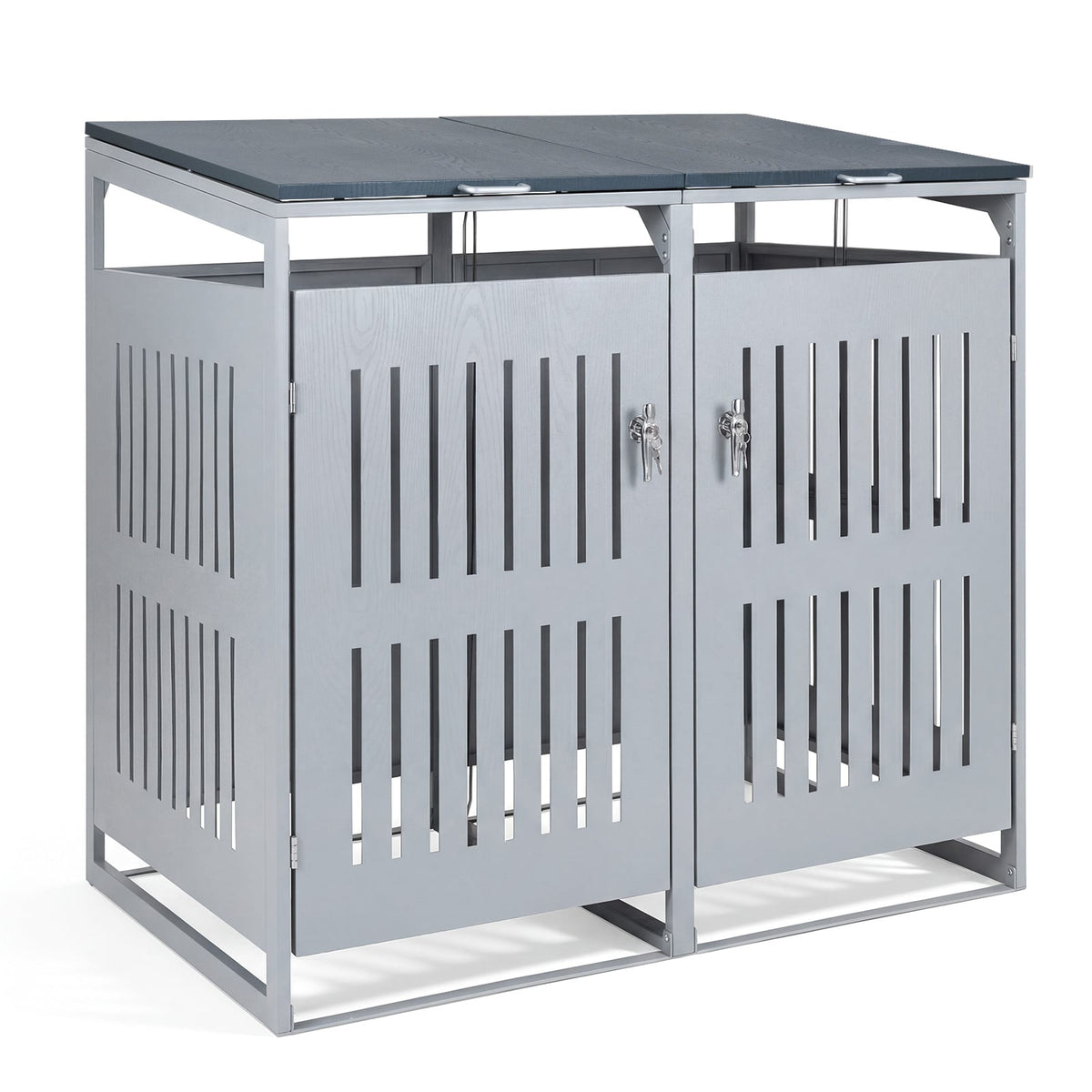 Outdoor Trash Can Storage Shed for 2 Bins with Gas Struts-Silver