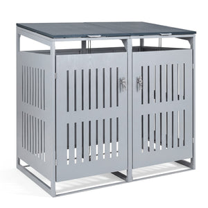 Outdoor Trash Can Storage Shed for 2 Bins with Gas Struts-Silver