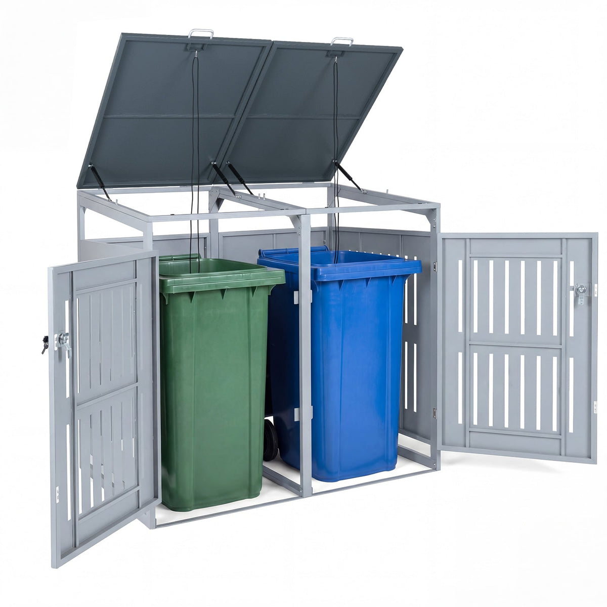 Outdoor Trash Can Storage Shed for 2 Bins with Gas Struts-Silver view 4