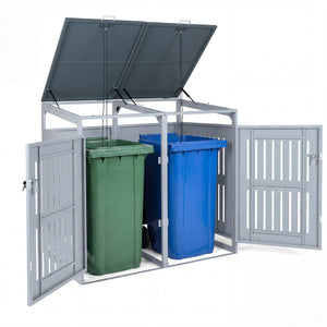 Outdoor Trash Can Storage Shed for 2 Bins with Gas Struts-Silver view 4