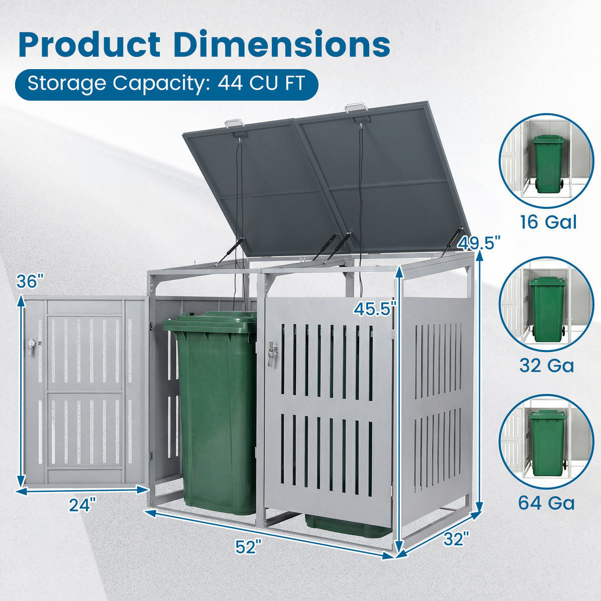 Outdoor Trash Can Storage Shed for 2 Bins with Gas Struts-Silver view 5