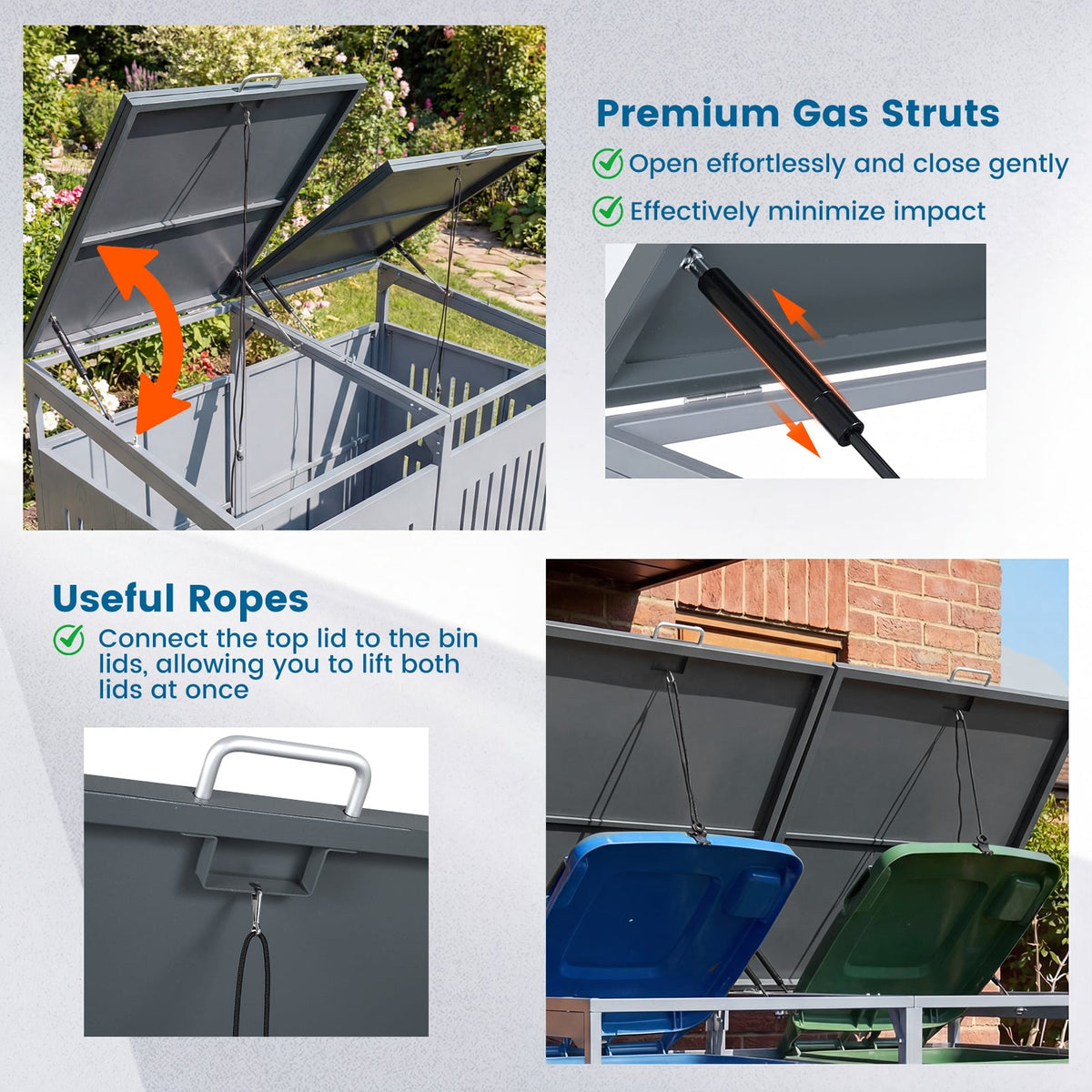 Outdoor Trash Can Storage Shed for 2 Bins with Gas Struts-Silver view 7