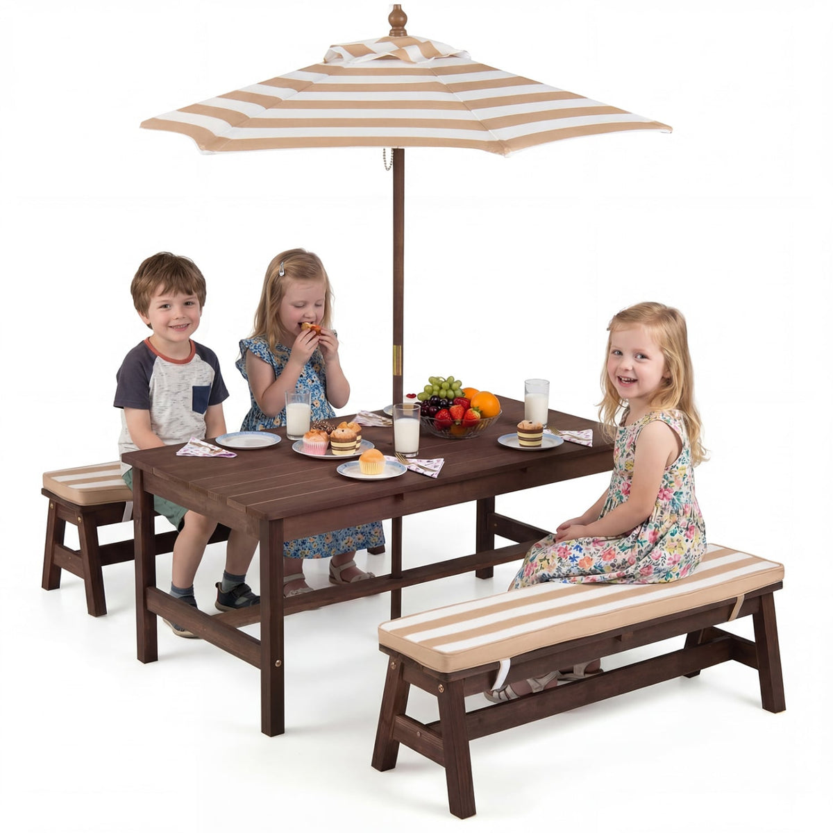 Outdoor Wooden Kids Picnic Table with Removable Umbrella and Cushions-Coffee view 4
