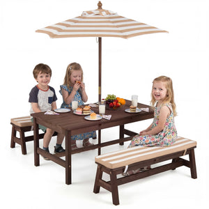 Outdoor Wooden Kids Picnic Table with Removable Umbrella and Cushions-Coffee view 4