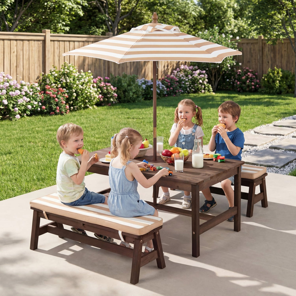 Outdoor Wooden Kids Picnic Table with Removable Umbrella and Cushions-Coffee view 2