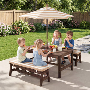 Outdoor Wooden Kids Picnic Table with Removable Umbrella and Cushions-Coffee view 2