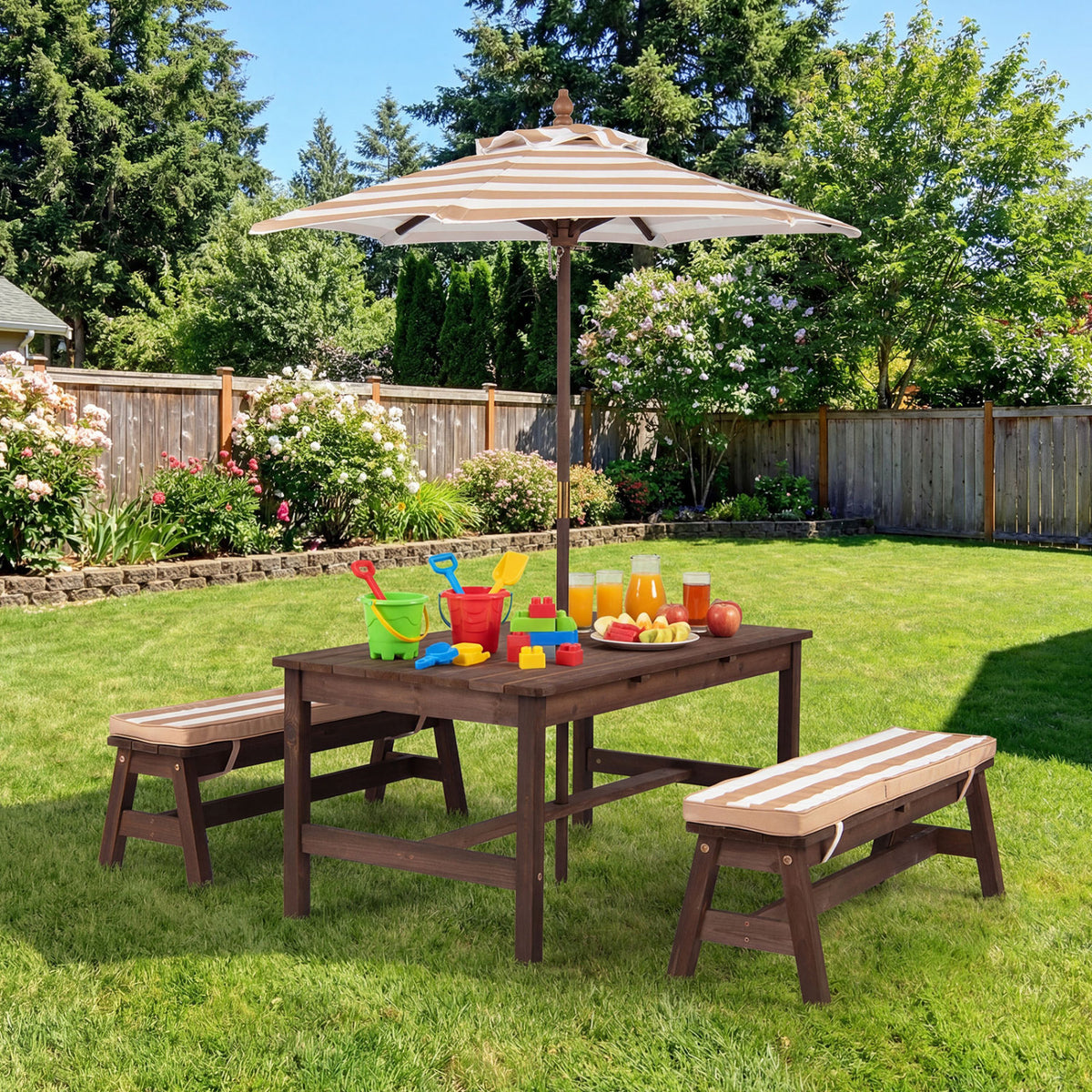 Outdoor Wooden Kids Picnic Table with Removable Umbrella and Cushions-Coffee view 3